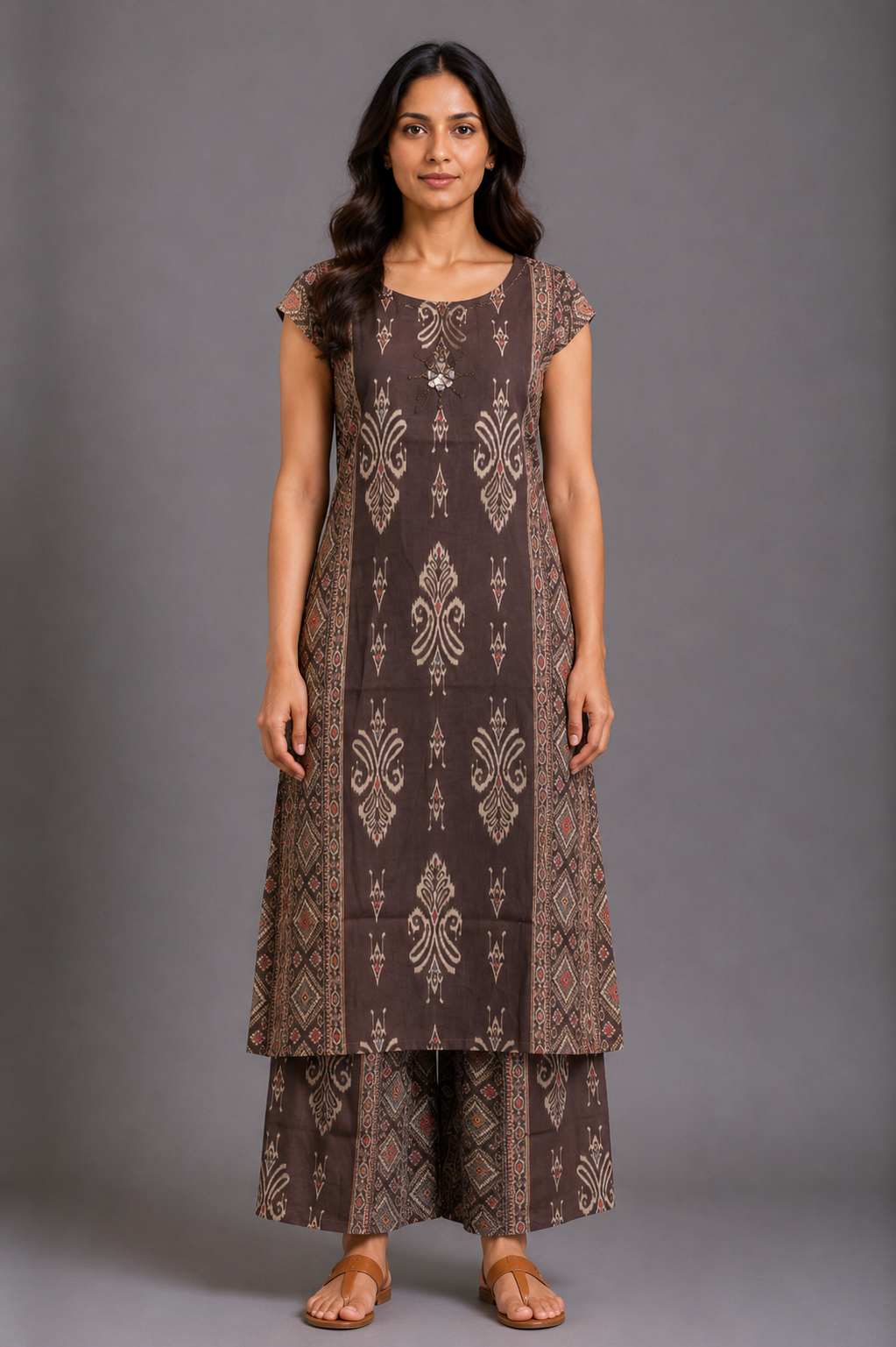 Brown Printed Kurta Palazzo Set with Ethnic Motif Detailing